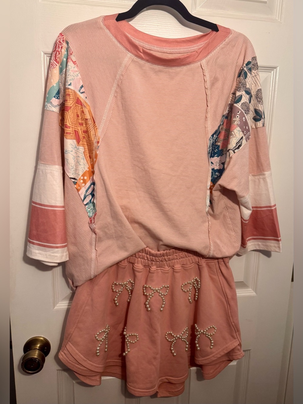 Light Pink Raglan 3/4 Sleeve Patchwork Boho Top Size Small - Picture 14 of 16